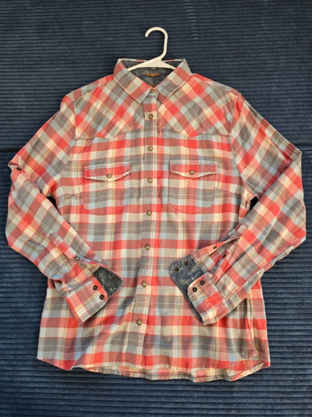 JACHS Girlfriend Women’s Large Plaid Shirt Red Gray Button-Up 100% Cotton Casual
